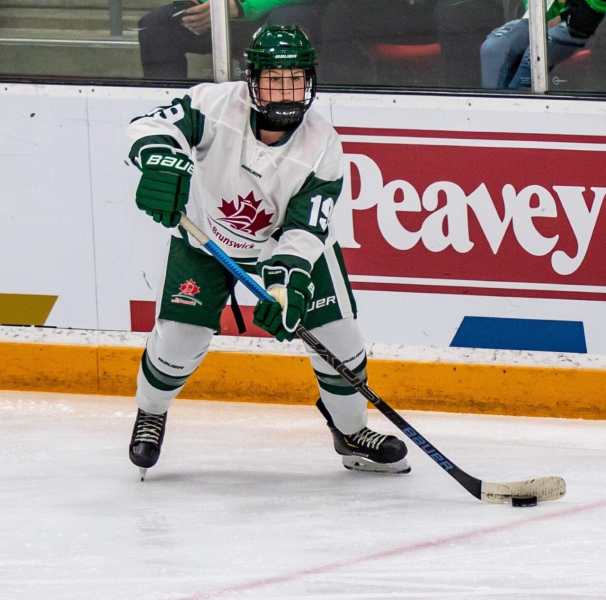 A woman plays hockey