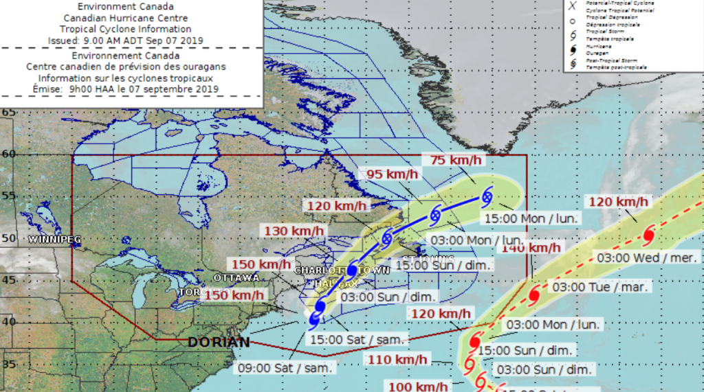 Map showing track of Hurricane Dorian 