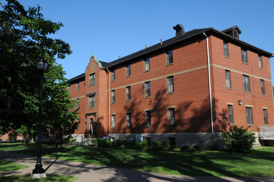 A brick building with shadows of leaves on the front on a sunny day