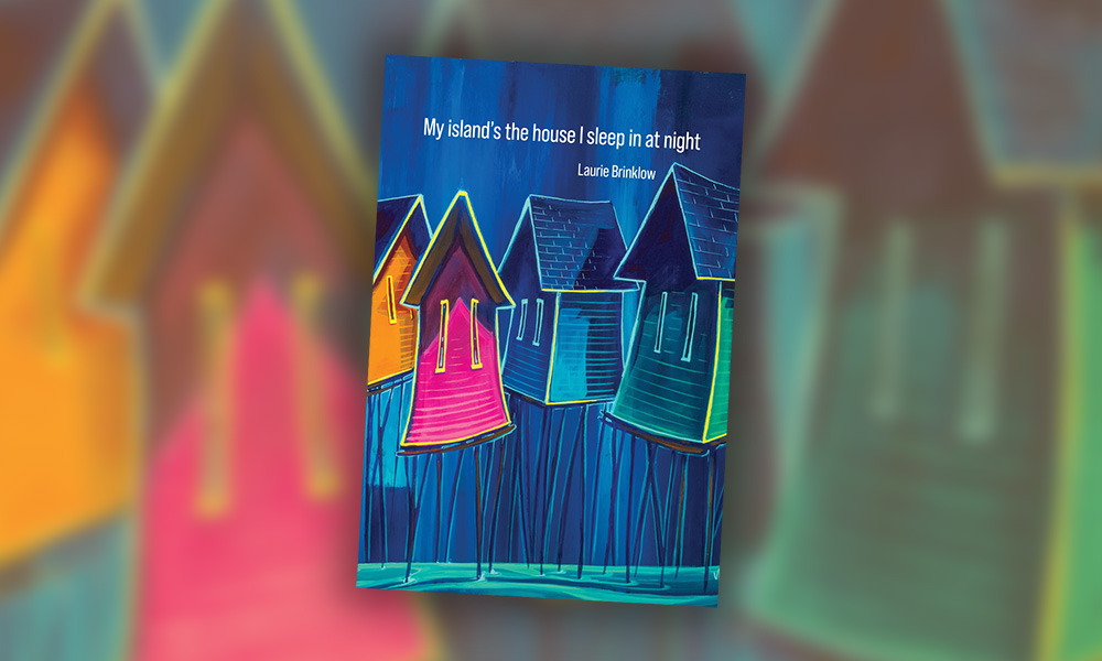 The cover of a book entitled “My island’s the house I sleep in at night” with a painted image of houses perched on stilts sticking out of the water 