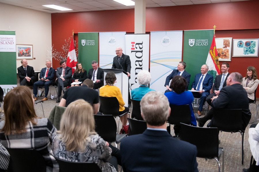 L-R: Bobby Morrissey, MP Egmont; Sean Casey, MP Charlottetown; Hon. Dominic LeBlanc, Minister of Intergovernmental Affairs, Infrastructure and Communities; Hon. Chrystia Freeland, Deputy Prime Minister and Minister of Finance; Heath MacDonald, MP Malpeque; Dr. Greg Keefe, UPEI President; Hon. Dennis King, Premier of PEI; Hon. Ernie Hudson, Minister of Health and Wellness; Hon. Cory Deagle, Minister of Transportation and Infrastructure; Hon. Natalie Jameson, Minister of Education and Lifelong Learning