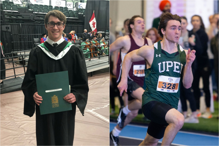 Zach Wilson after receiving his degree during UPEI Convocation on May 18 (left) and competing during a track and field event (right)