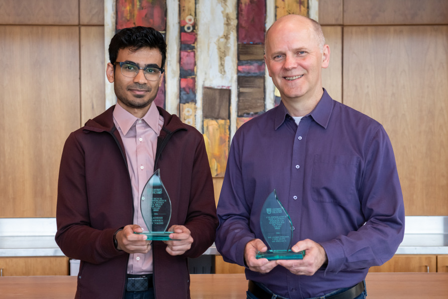 Aadesh Warren Nunkoo, UPEI Science Co-op Student of the Year, and Dr. James Polson, Co-op Employer of the Year.