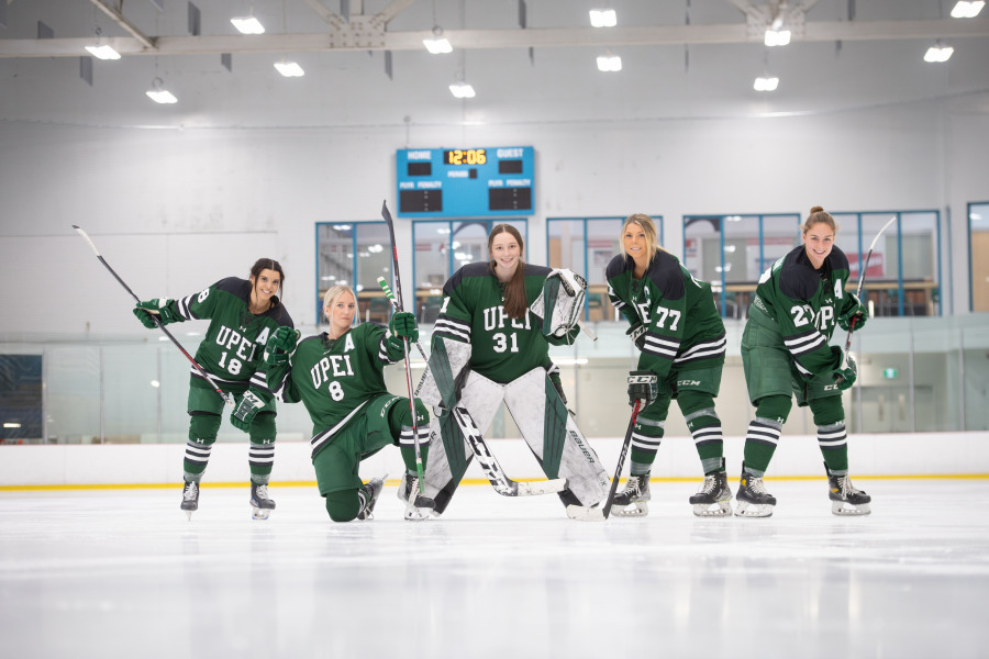 From left: UPEI Women's Hockey Panthers Stephanie Leger, Avery Penner, Sarah Forsythe, Lexie Murphy and Ruby Loughton