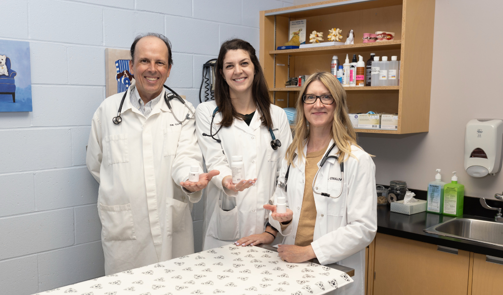 Drs. Etienne Côté, Abigail Martin, and Lynne O’Sullivan, co-lead investigators on clinical trials to treat cardiac tumours in dogs