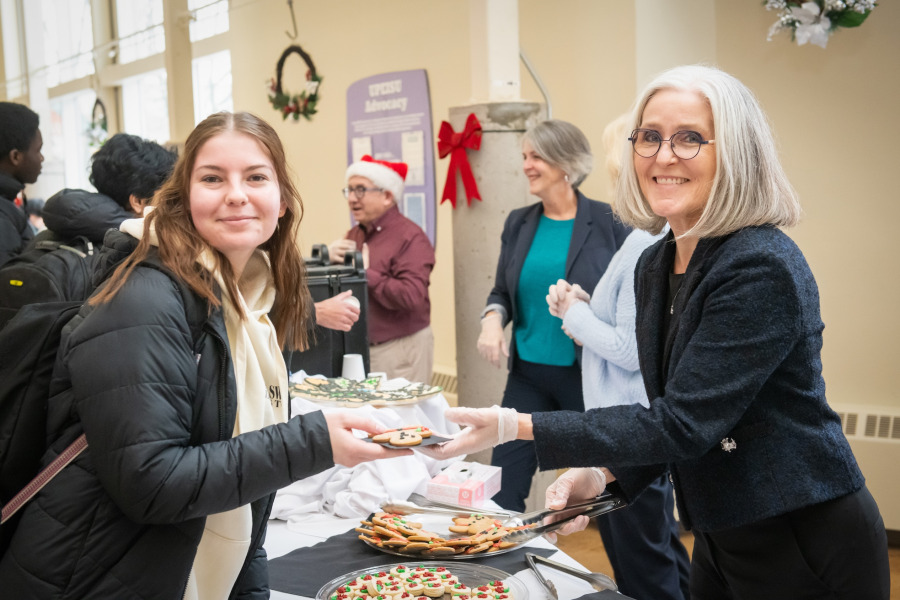 UPEI President and Vice-Chancellor Wendy Rodgers serves refreshments to students during the Cookie and Coffee Break on December 9.