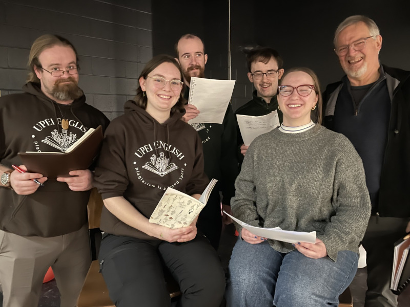 UPEI Creative Writing Master Class members Austin Lynds, Kylee Bustard, Sam Ching, Noah Mannholland, Alice Lévesque-Carreau, and Brian Collins.