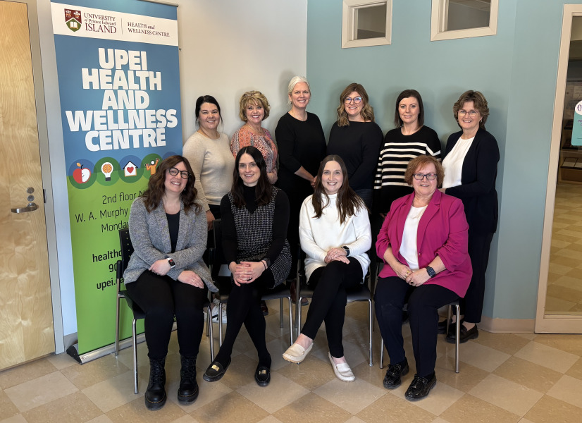 Members of the UPEI Health and Wellness Centre team: Front (left to right): Bonnie Lipton-Bos, Jocelyn Dougan, Becky Coffin, Marilyn Barrett; Back (left to right): Carlie Dykerman, Nora Mallett, Lynne Fraser, Lacy Webster, Adrienne Fudge, Lynn Kelly; Missing from photo: Cindy Parrill