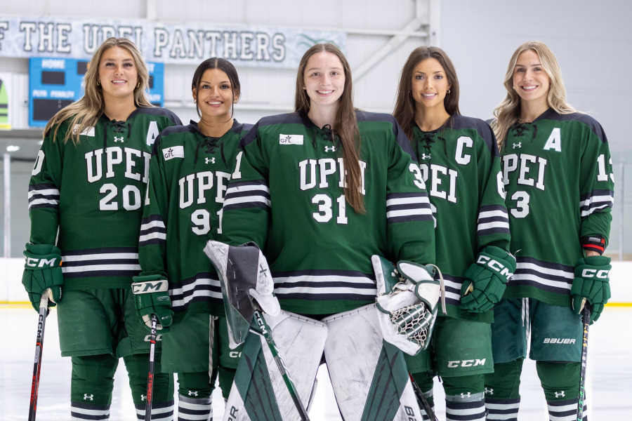 UPEI Women’s Hockey Panthers Ashley McCutcheon, Kaiya Maracle, Sarah Forsythe, Chloe McCabe, and Chiara Esposito