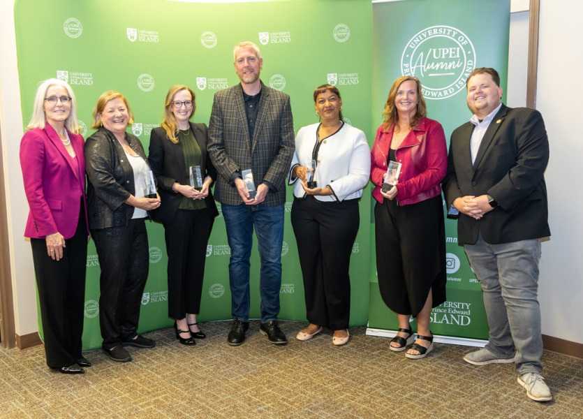 Dr. Wendy Rodgers, president and vice-chancellor of UPEI; Dr. Janice Keefe, Distinguished Alumni Award winner; Katie Arsenault, Derek Schipper, and Alexia Riche, Inspiring Young Alumni Award winners; Dr. Lesley Steele, Distinguished Alumni Award winner; and Ronnie McPhee, president, UPEI Alumni Association.