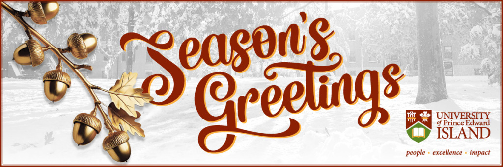 decorative image with winter scene, Season's Greetings text, and gold-coloured acorns
