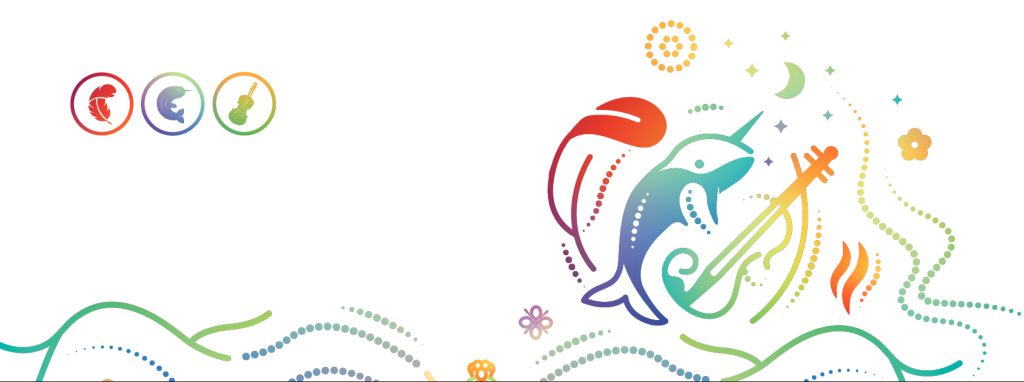 An image featuring intertwined illustrated symbols representing First Nations, Inuit and Métis: a feather, a narwhal and a fiddle, rendered in a flowing rainbow gradient. Surrounding these central symbols are decorative elements representing other aspects of First Nations, Inuit and Métis cultures.