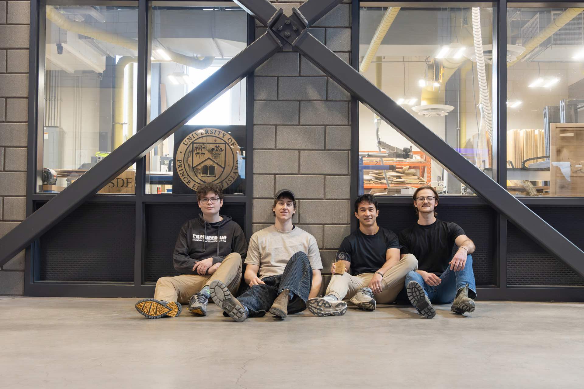 four engineering students in the Faculty of Sustainable Design Engineering building