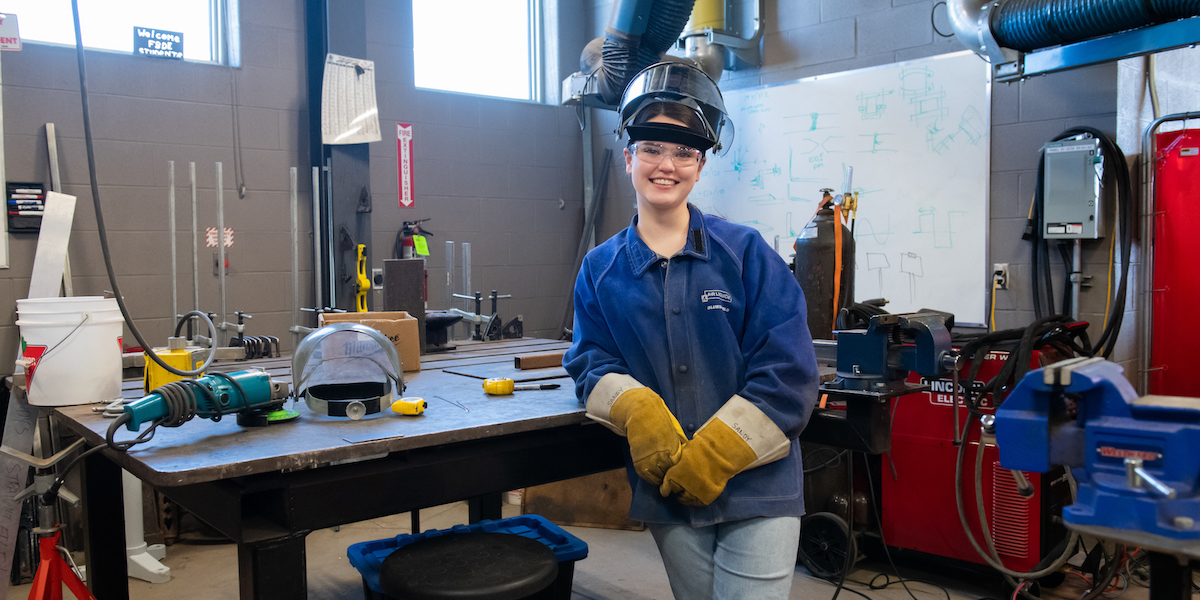 upei engineering student bridget patterson wearing welding gear