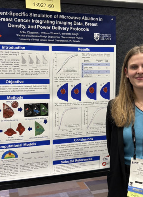 Abby Chapman stands next to the research poster she presented at the 2026 Society of Photo-Optical Instrumentation Engineers (SPIE) Medical Imaging Conference, held in Vancouver, BC, from February 14-19, 2026. 