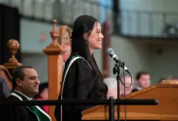 Marie-Antoinette Pangan speaks at convocation 2019.