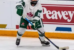 A woman plays hockey