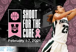 An edited graphic with a female basketball player beside the logo for Shoot for the Cure