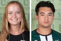 Side-by-side headshots of a female athlete and a male athlete in Panthers gear