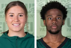 Close-up photographs of a female and a male student athlete in geen Panthers athletics gear