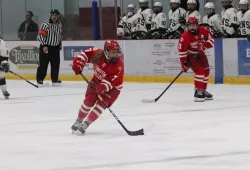 photo of female hockey player skating with puck