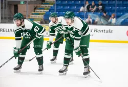 The UPEI Men’s Hockey Panthers line up for a faceoff in a game against the Université de Moncton Aigle Bleus on January 4. The Panthers return home January 27 for a big game against the Saint Mary’s Huskies.