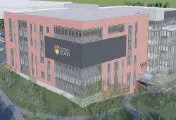 Architectural rendering of the new facility currently under construction on the UPEI campus, which will house the Faculty of Medicine, patient medical home, Doctor of Psychology Clinic, Adult ADHD Clinic, and interprofessional health simulation and clinical training centre.