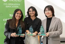 Winners of the 2023 UPEI Co-op Student Awards: Ruth Cano, UPEI Arts Co-op Student of the Year; Roshna Roby, UPEI Science Co-op Student of the Year; and Sev Thi, UPEI Business Co-op Student of the Year