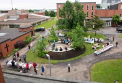 UPEI faculty, staff, and students enjoying food, fun, and conversation during the “Respect the Space, No Room for Hate BBQ”