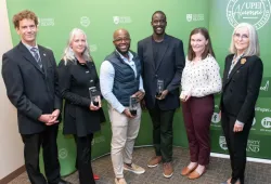 Left to right: Sjors Reijers, president UPEI alumni association; Bernadine Chapman, distinguished alumni award winner; Jonah Tendepi Chininga, James Muhato and Ellen Dixon, inspiring young alumni award winners; and Dr. Wendy Rodgers, president and vice-chancellor of UPEI. (Missing from photo is Hon. Alonzo Wright, distinguished alumni award winner who was unable to attend in person due to court commitments.)