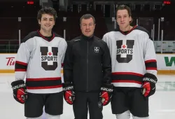 UPEI Men’s Hockey Panthers Kaleb Pearson (left) and Kurtis Henry (right) with head coach Forbes MacPherson (middle). Photo credit: Greg Kolz