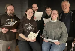 UPEI Creative Writing Master Class members Austin Lynds, Kylee Bustard, Sam Ching, Noah Mannholland, Alice Lévesque-Carreau, and Brian Collins.