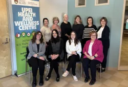 Members of the UPEI Health and Wellness Centre team: Front (left to right): Bonnie Lipton-Bos, Jocelyn Dougan, Becky Coffin, Marilyn Barrett; Back (left to right): Carlie Dykerman, Nora Mallett, Lynne Fraser, Lacy Webster, Adrienne Fudge, Lynn Kelly; Missing from photo: Cindy Parrill