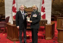 Dr. Christopher McCreery (left), Deputy Chancellor of the Order of St. John for the Priory of Canada and Vice-Chair of St. John Ambulance Canada presented Dr. Trevor Jain (right) with the Order of St. John on June 21 at the Senate of Canada Building, Ottawa. 