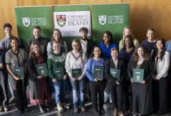MacLauchlan Prizes for Effective Writing award winners with UPEI Vice-President Academic and Research, Greg Naterer (left) and UPEI President Emeritus, Wade MacLauchlan (right)