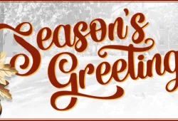 decorative image with winter scene, Season's Greetings text, and gold-coloured acorns
