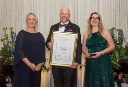 Left to right: Suzanne Tucker, Chair, CPA NB Board of Directors; Tim Walker, CPA NB Fellow recipient and UPEI VP, Administration and Finance; and Mylène Lapierre, President and Chief Executive Officer, CPA NB.
