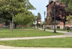 photo of quad facing Cass Science Hall and with a view of several lamp post banners
