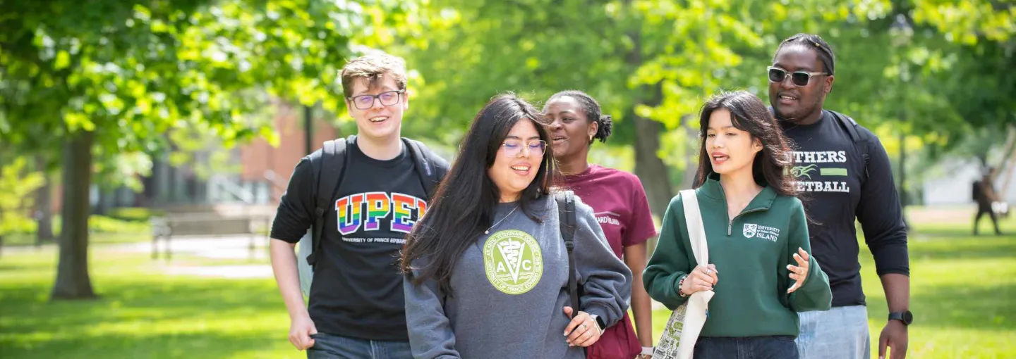 five students walking in the UPEI quad
