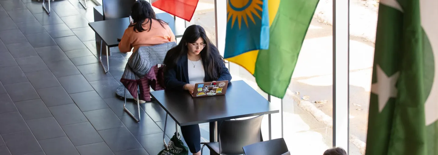 a student working at a table with flags above
