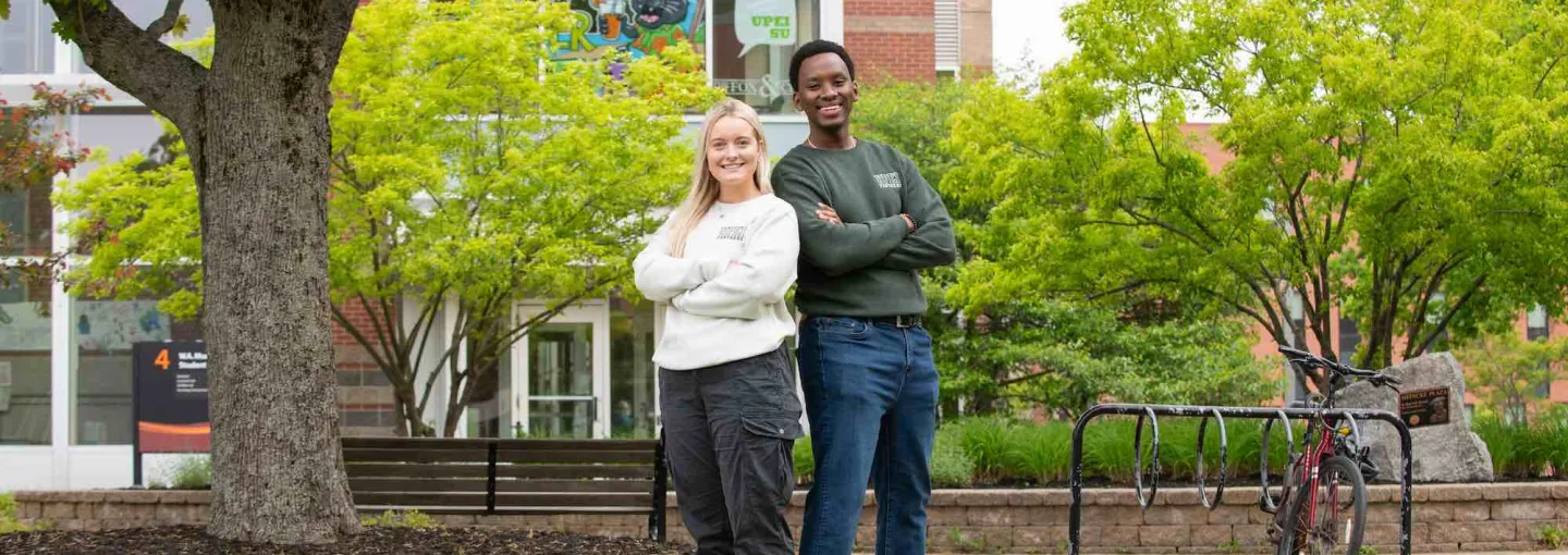 two UPEI students outside the W. A. Murphy Student Centre