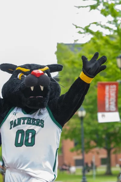Pride the Panther on the steps of SDU Main Building