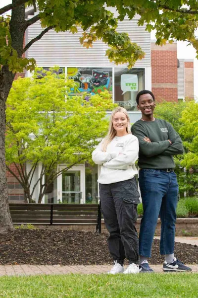 two UPEI students outside the W. A. Murphy Student Centre