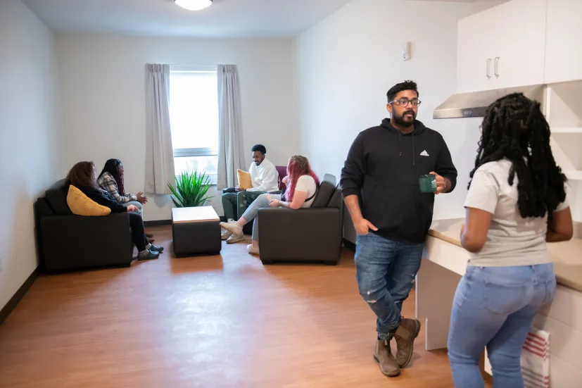 kitchen and living area in new UPEI residence room