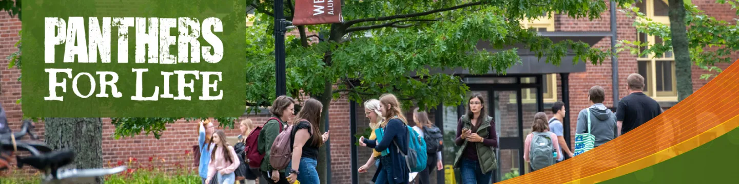 students walking UPEI's campus with text reading "panthers for life"